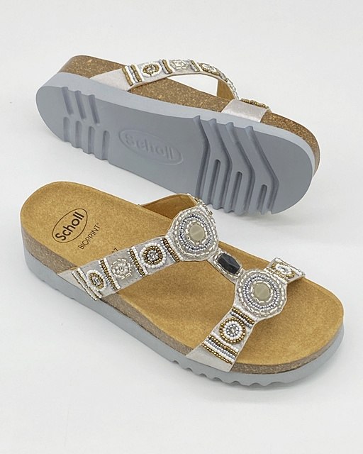 Scholl New Bogota Wedge Sandalo Donna | Tacco 40mm | Tomaia In Satin Con Perle | Colore Silver/Bronze | Taglia 38